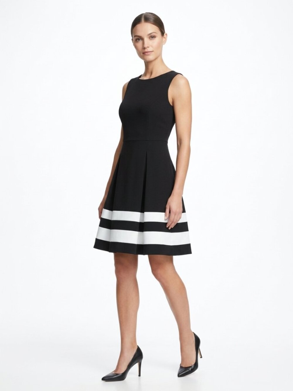 Calvin Klein Black Mini Dress with White Hem Stripes Size 8
